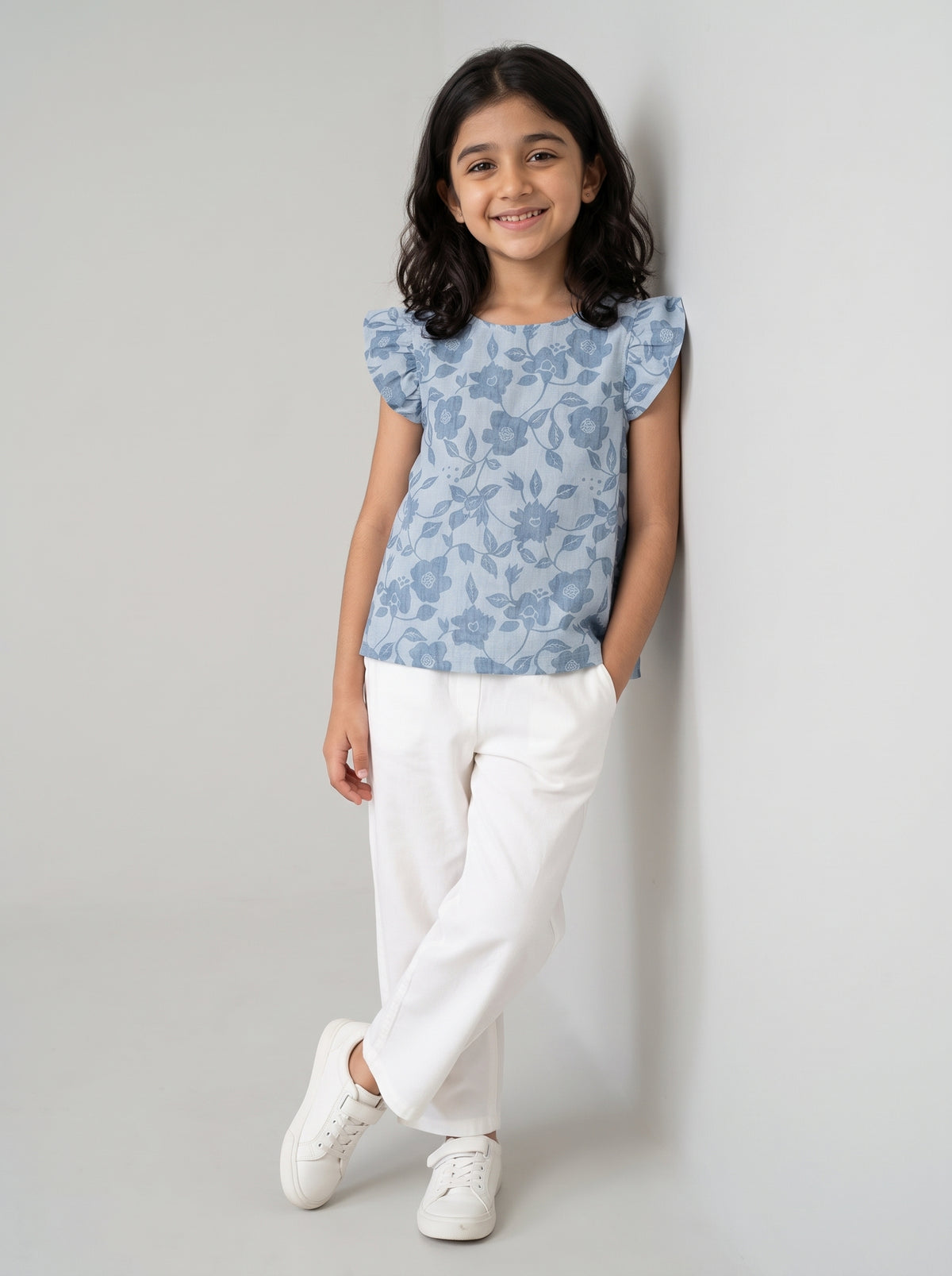 Girls Blue Floral Print Ruffle Sleeve Cotton Top- Illusion Blue