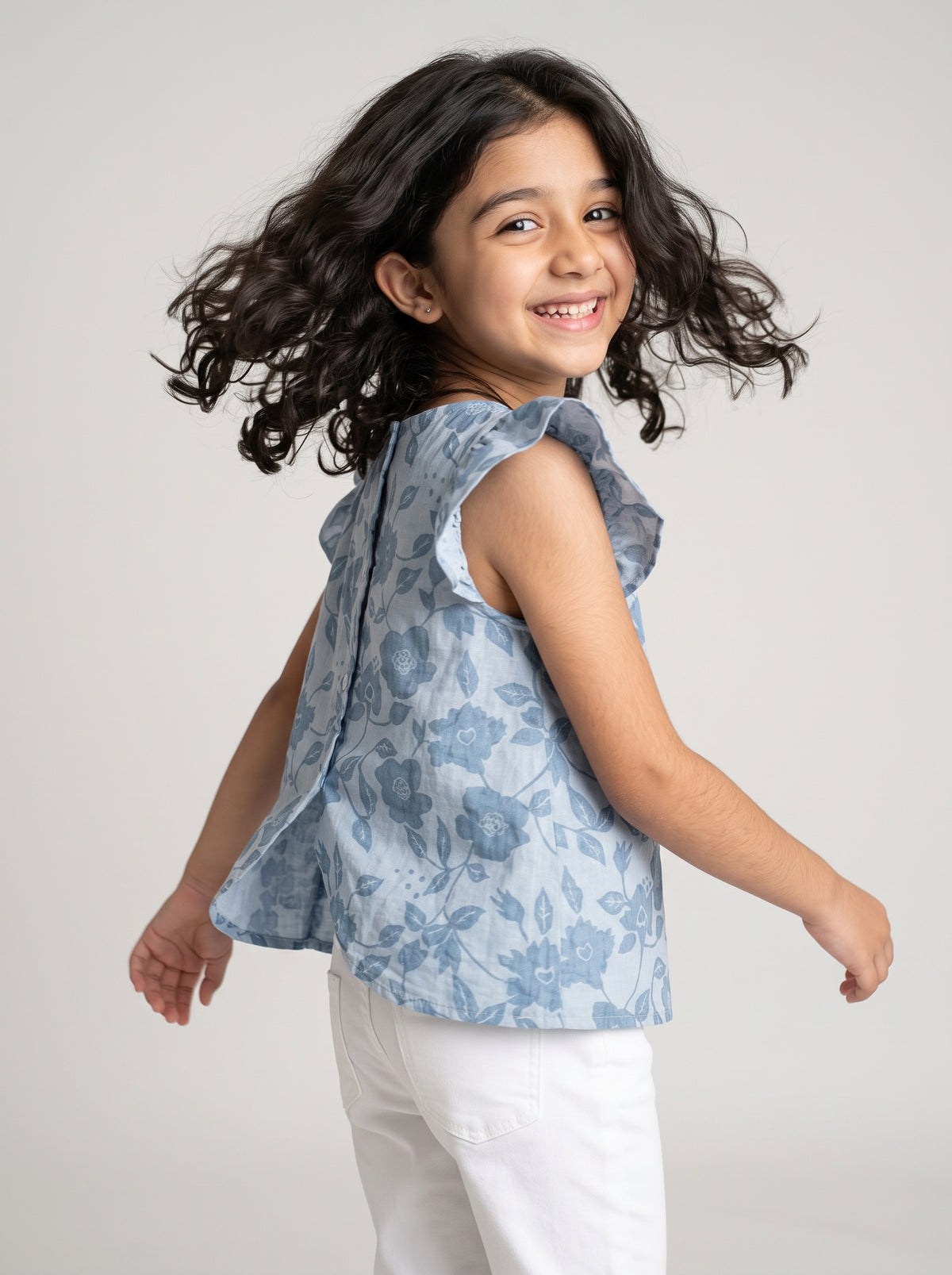 Girls Blue Floral Print Ruffle Sleeve Cotton Top- Illusion Blue