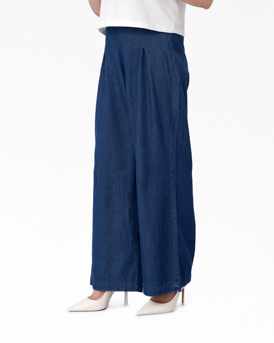 Wide Leg Denim Palazzo - Mid Blue