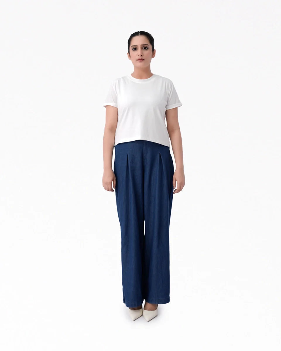 Wide Leg Denim Palazzo - Mid Blue