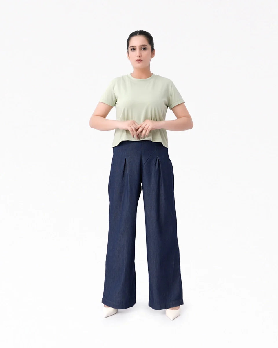 Wide Leg Denim Palazzo - Dark Blue