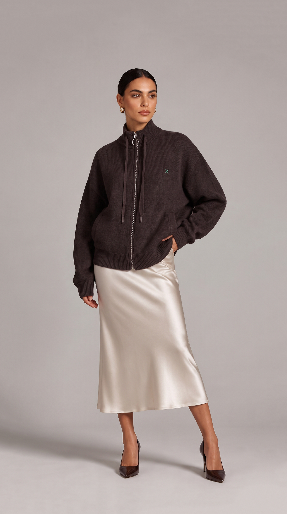 Women’s Free-Size Wool Zip-Up Cardigan - Dull Gold