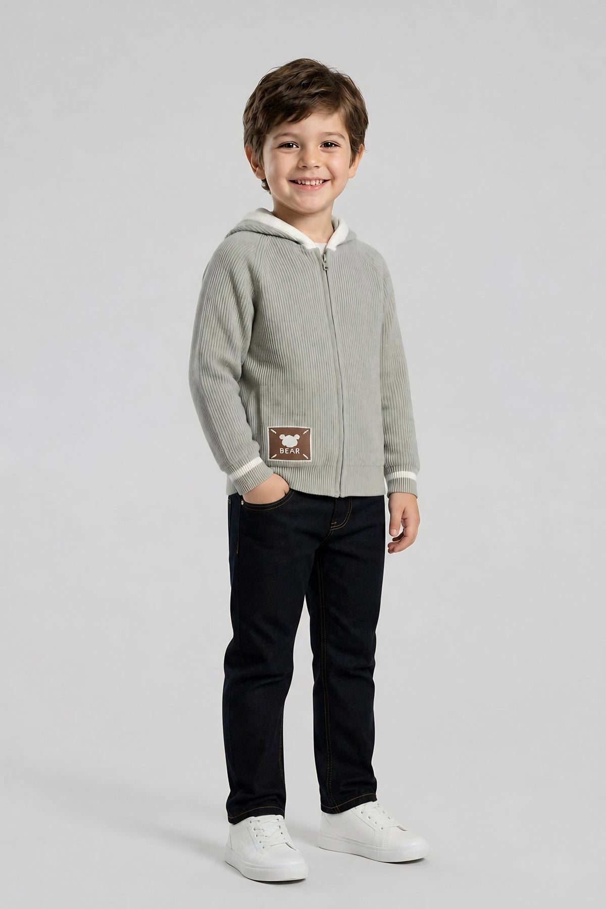 Boys' Ribbed Knit Zip-Up Hoodie - Grey