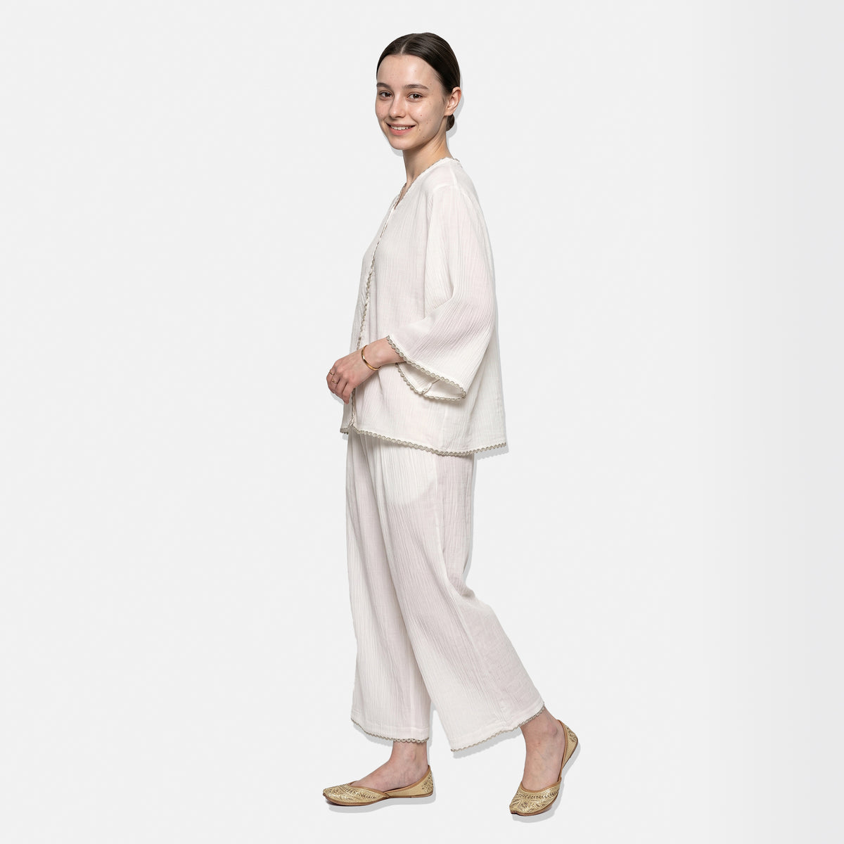 Women’s Off-White 100% Cotton Co-Ord Set - Textured Tunic & Trousers