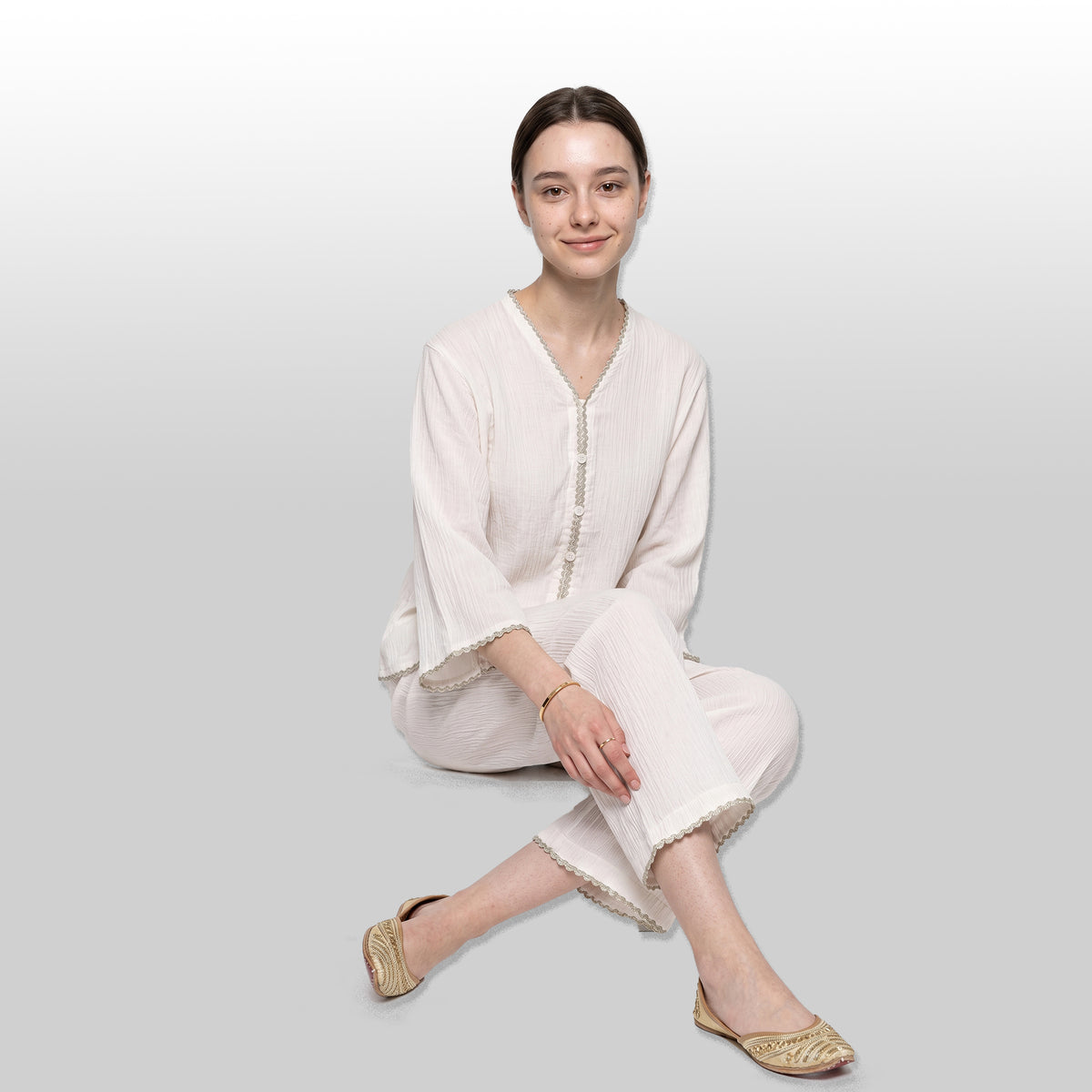 Women’s Off-White 100% Cotton Co-Ord Set - Textured Tunic & Trousers