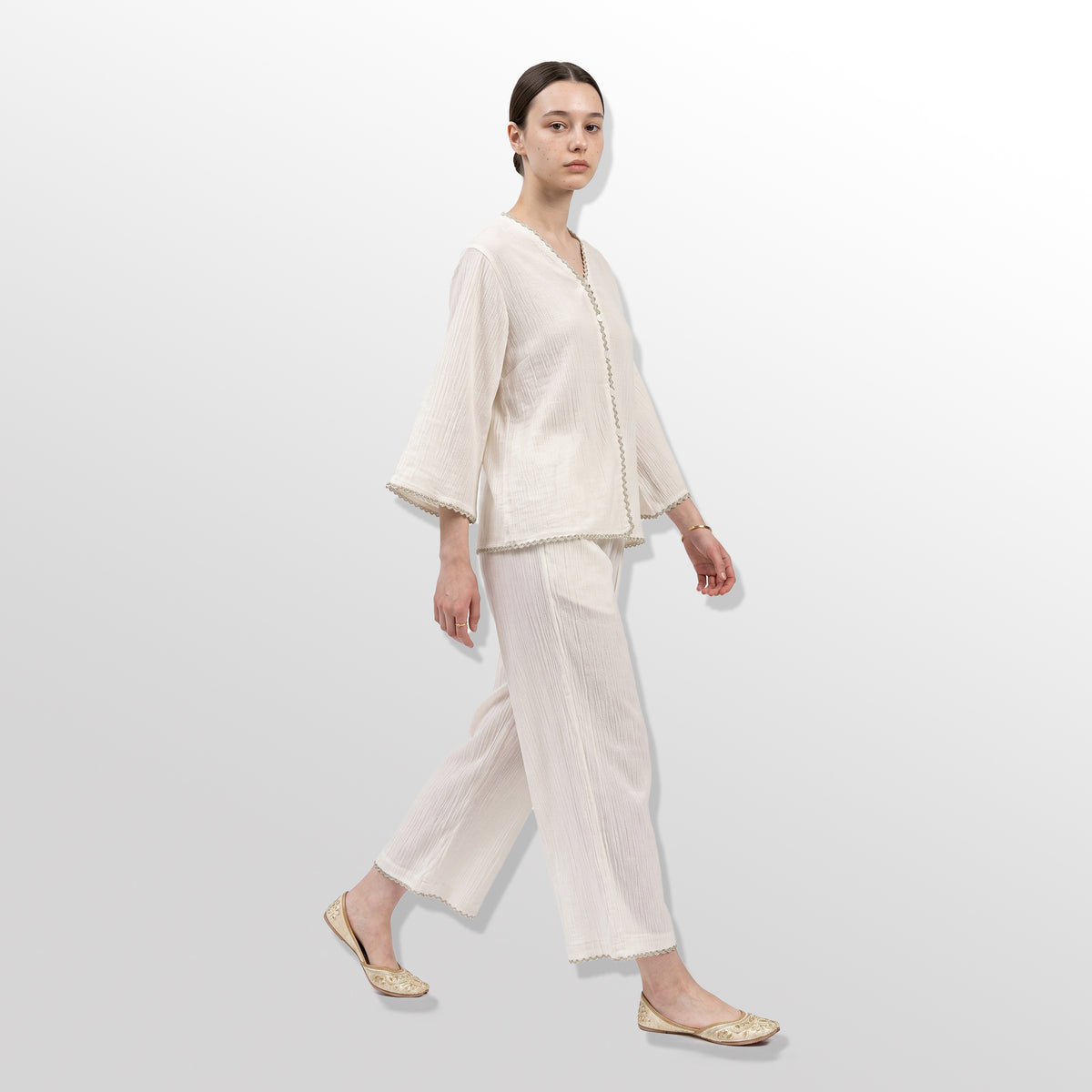 Women’s Off-White 100% Cotton Co-Ord Set - Textured Tunic & Trousers