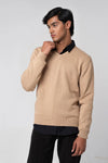 Men’s v neck cardigan beige worn with a collared shirt