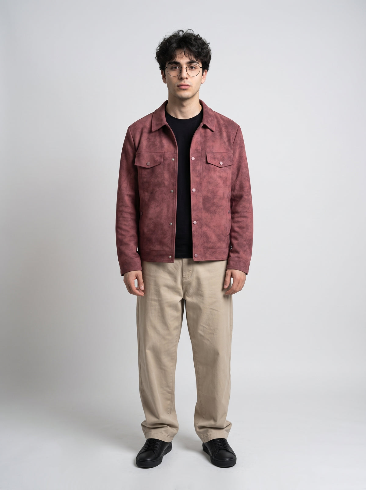 Men's Suede Jacket with Detachable Sherpa Collar - Brick Red