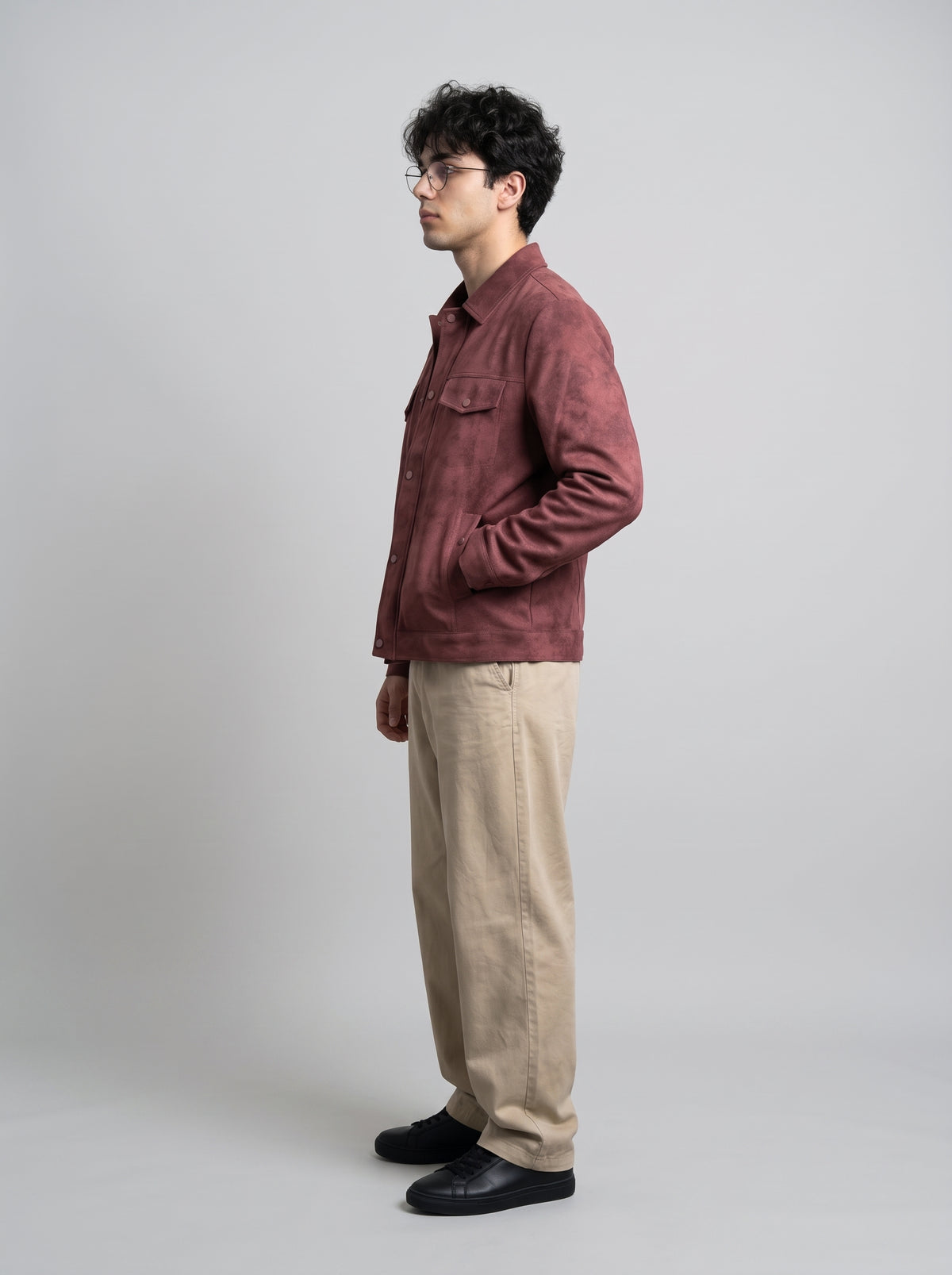 Men's Suede Jacket with Detachable Sherpa Collar - Brick Red