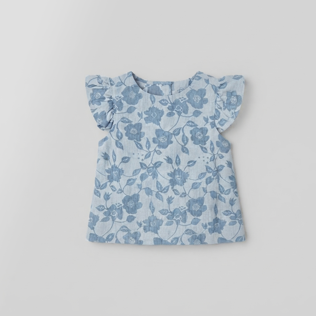 Girls Blue Floral Print Ruffle Sleeve Cotton Top- Illusion Blue