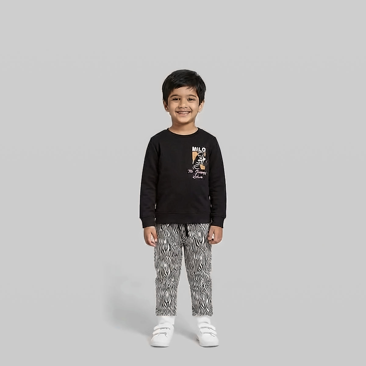 Boys 100% Cotton Co-Ord Set - Black Graphic Sweatshirt & Zebra Joggers