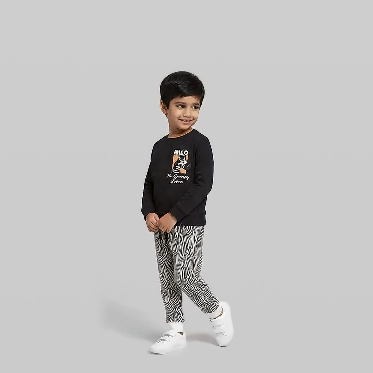 Boys 100% Cotton Co-Ord Set - Black Graphic Sweatshirt & Zebra Joggers